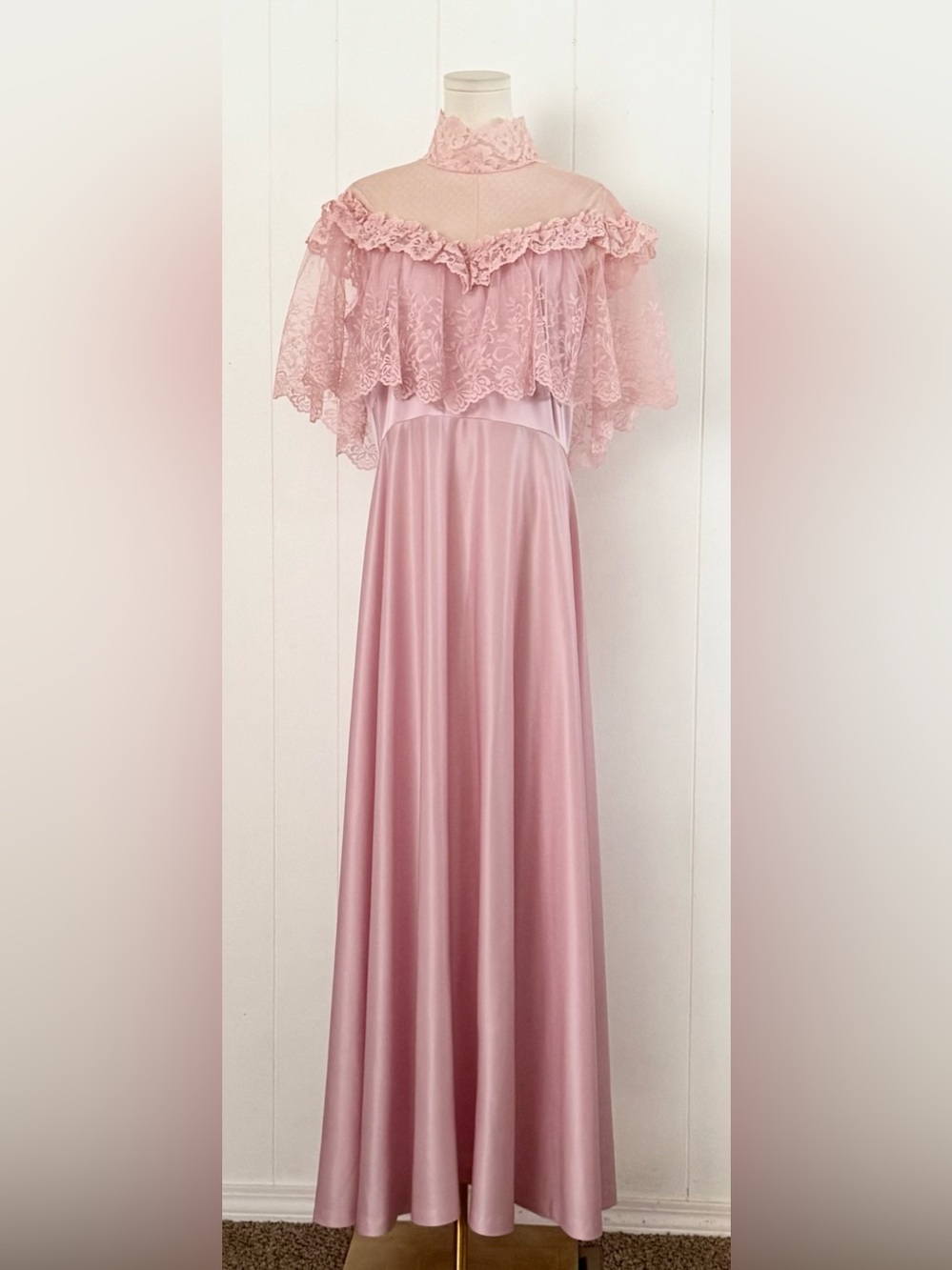 Vintage 80s JC Penney Lace Prom Maxi Dress Light Pink Modern 10/12 Prairie Gown - Picture 5 of 13